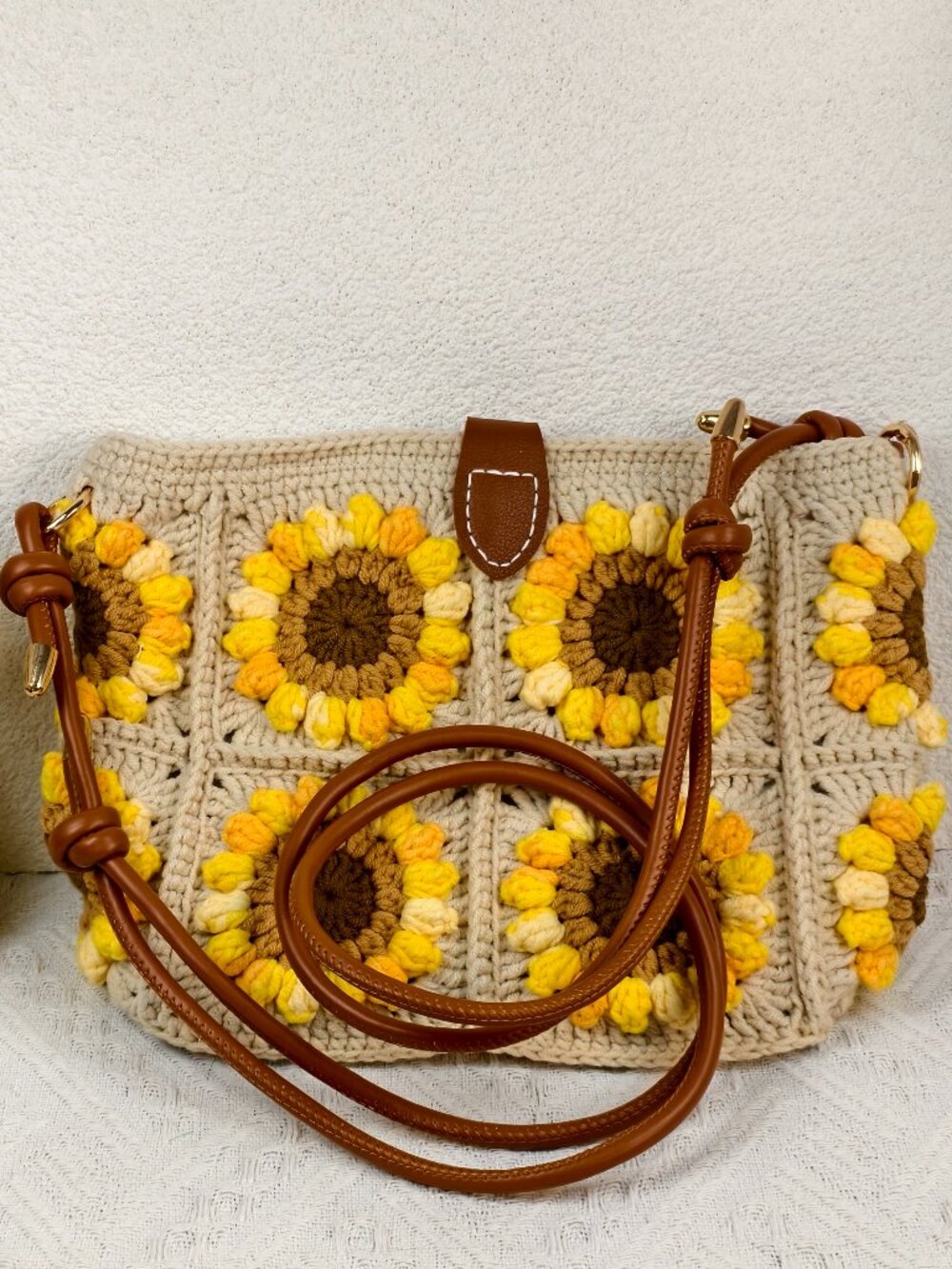 Handmade Crochet Bag Beige Sunflower Shoulder Handbag